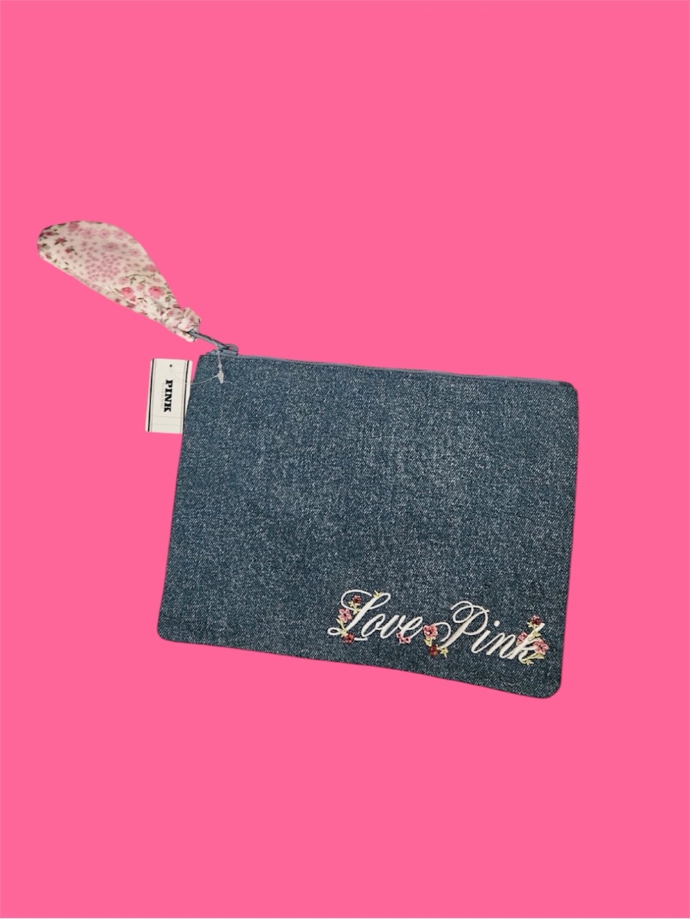 PINK Victoria's Secret BNWT Denim Blue 'Love Pink' Floral Wristlet Cosmetic Bag